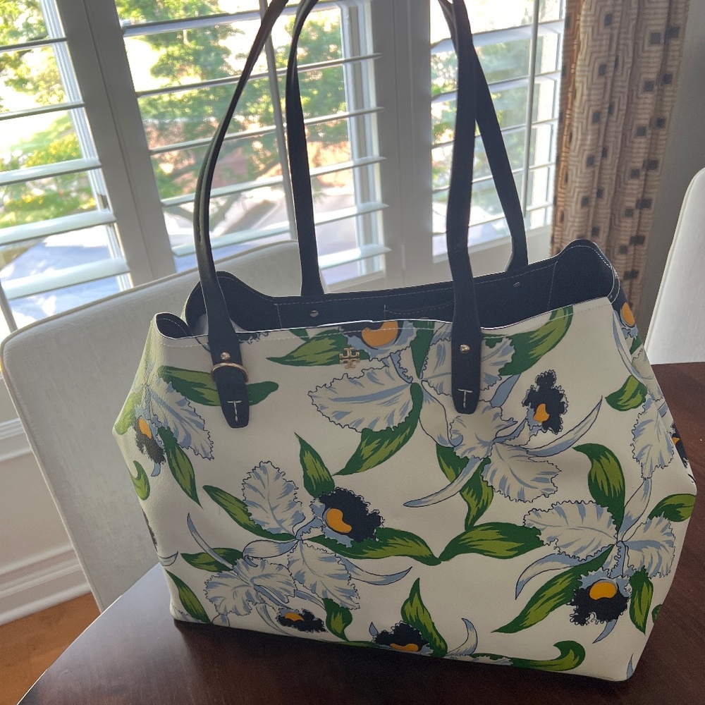 Tory Burch Floral Canvas Tote in White, Green, Blue, Yellow
